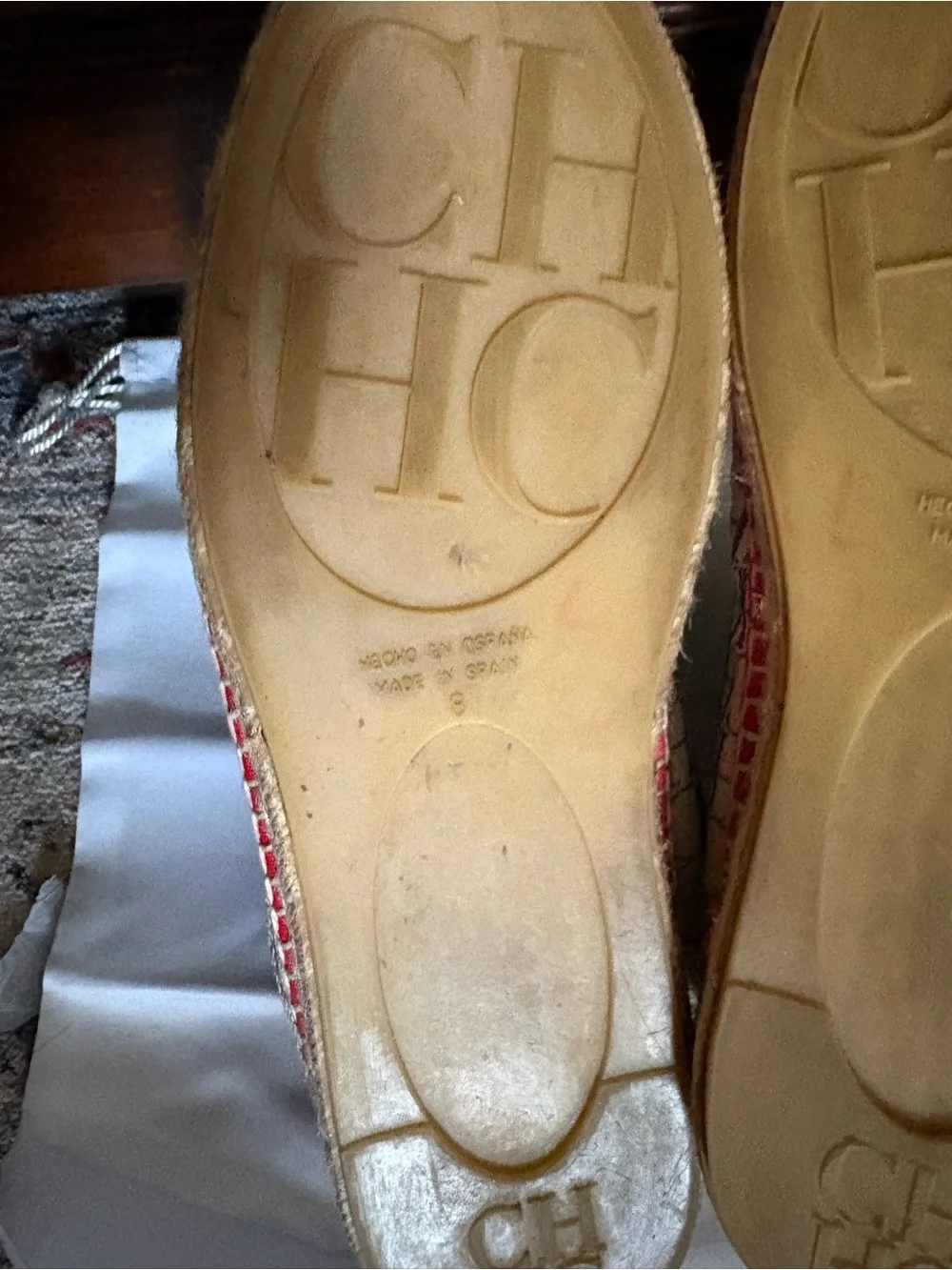 Carolina Herrera CH Monogram Espadrille Loafers in Beige and Red Trim